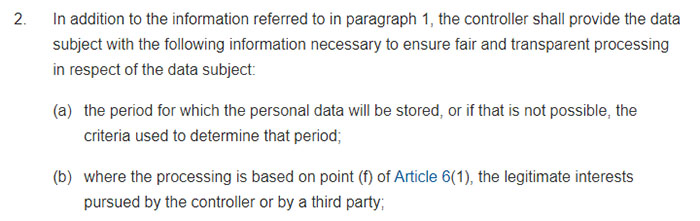 GDPR Article 14 Sections 2a and 2b: Information to be provided where personal data have not been obtained from the data subject