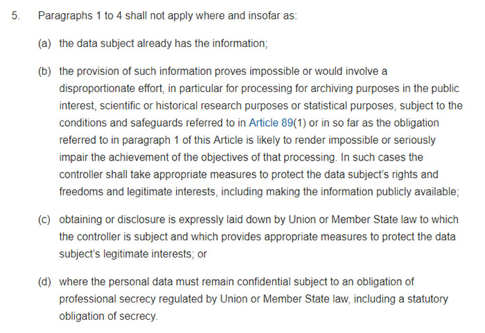 GDPR Article 14 Section 5: Information to be provided where personal data have not been obtained from the data subject