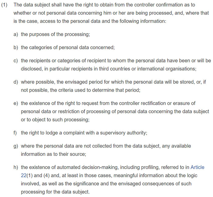 GDPR Article 15 Section 1: Right of access by the data subject