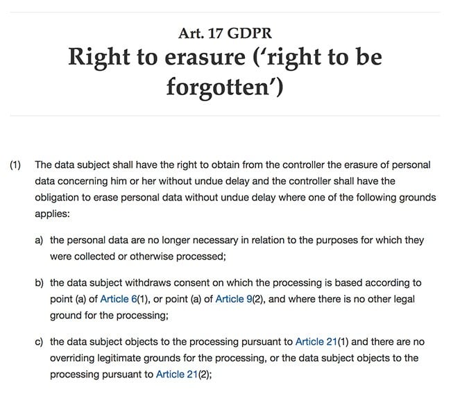 GDPR Article 17 Section 1 excerpt: Right to erasure - Right to be forgotten