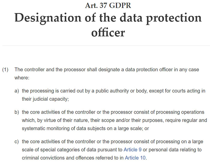 GDPR Article 37 Section 1: Designation of the data protection officer