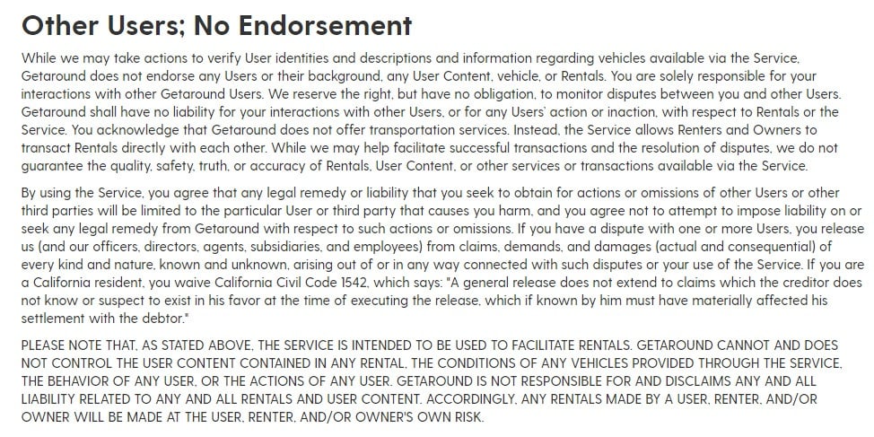 Getaround Terms of Service: Other Users No Endorsement clause