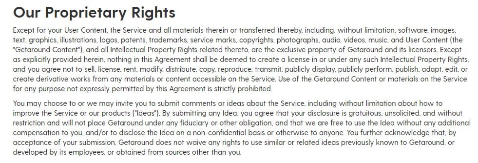 Getaround Terms of Service: Our Proprietary Rights clause