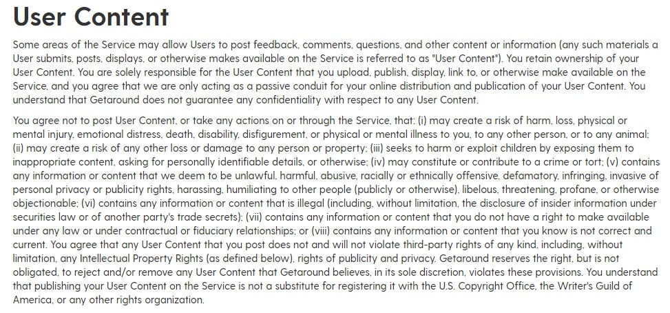 Getaround Terms of Service: User Content clause