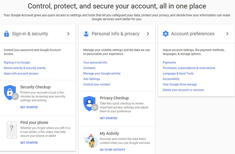 Google Account: Control, protect and secure your account interface