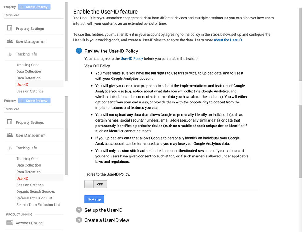 Screenshot of Google Analytics dashboard showing User ID settings