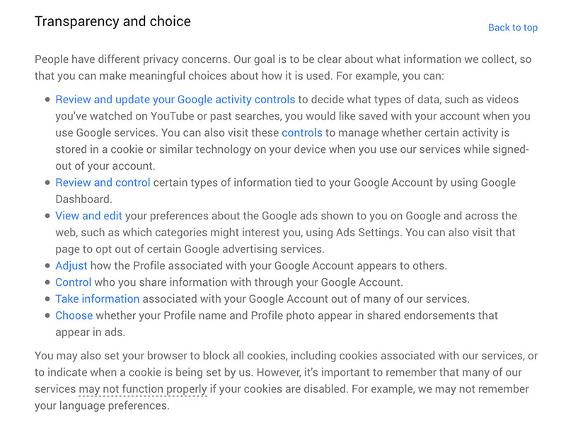 Google Privacy Policy: Transparency and choice clause