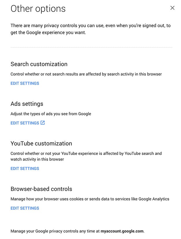Google privacy reminder notice: Other Options with edit settings