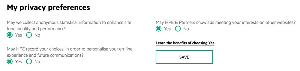 Hewlett Packard Privacy Statement: My privacy preferences with opt-in/opt-out permissions options