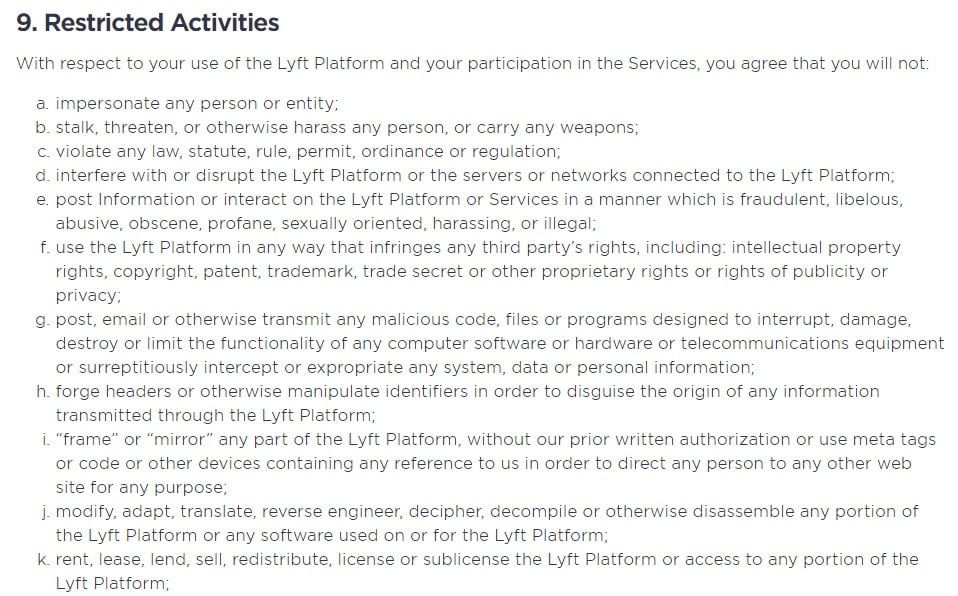 Lyft Terms of Service: Restricted Activities clause excerpt