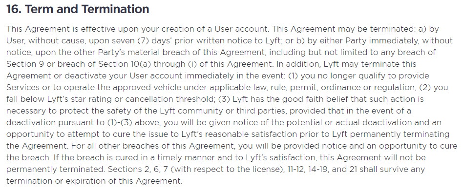 Lyft Terms of Service: Term and Termination clause