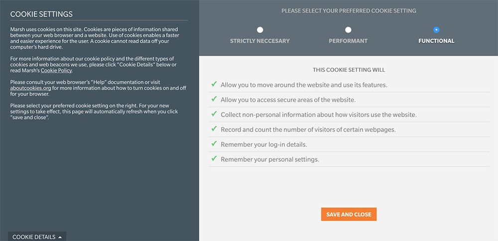 Marsh website Cookie Settings screen