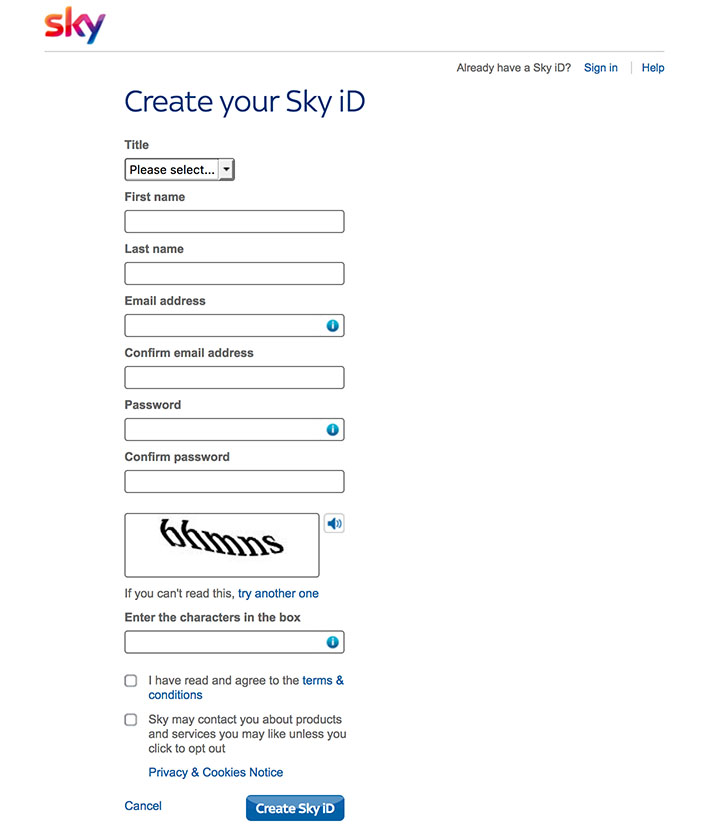 Sky Communications: Screenshot of Create ID registration form page