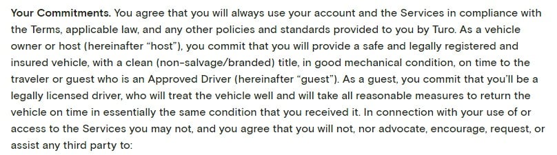 Turo Terms of Service: Your Commitments clause intro