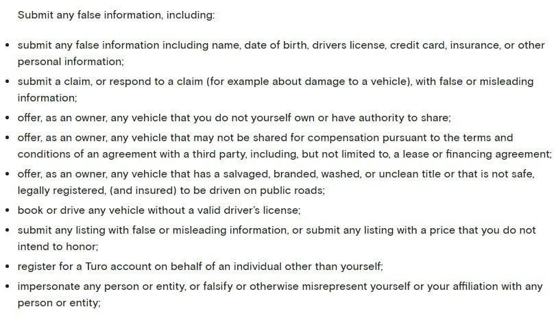 Turo Terms of Service: Your Commitments: No submitting false information clause