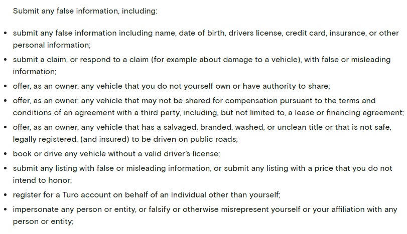 Turo Terms of Service: Your Commitments: No submitting false information clause