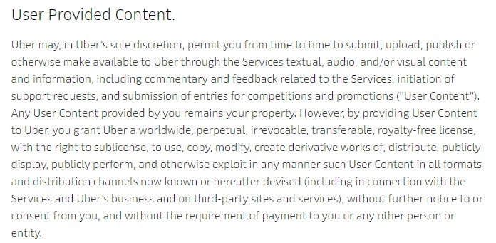 Uber Terms of Service: Excerpt of User Provided Content clause