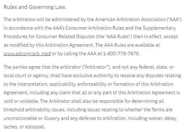 Uber Terms of Use: Rules and Governing law clause discussing arbitration