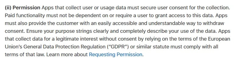 Apple App Store Review Guidelines: Data Collection and Storage - Permission clause