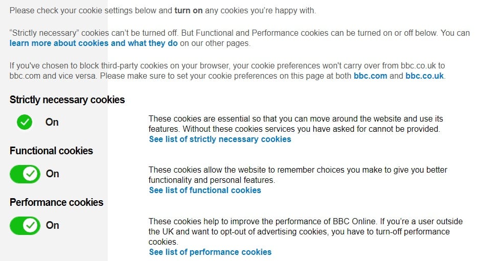 BBC Cookies Settings screenshot updated