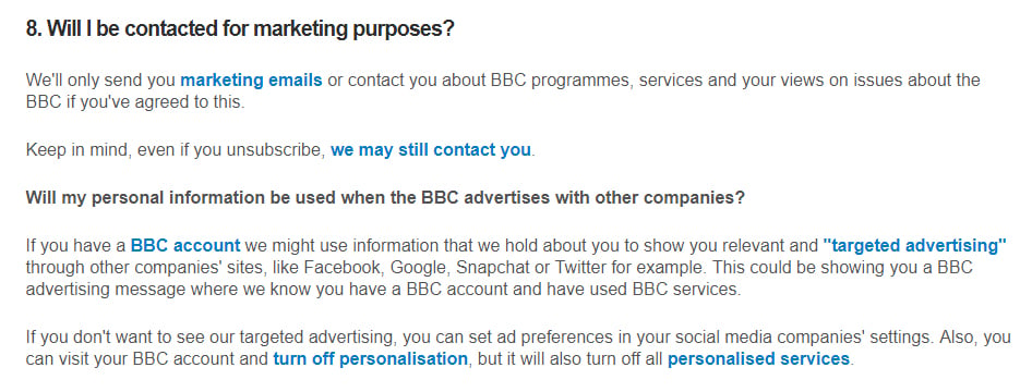 BBC Privacy and Cookies Policy: Contacting for marketing purposes clause
