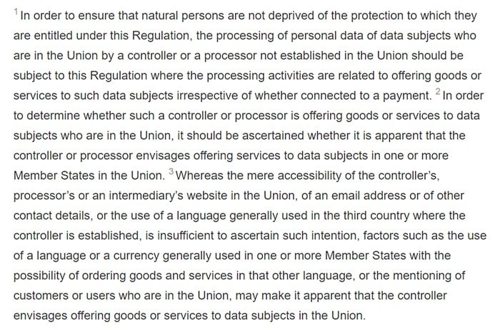 GDPR Info - Recital 23: Applicable to processors not established in the Union if data subject within the union are targeted