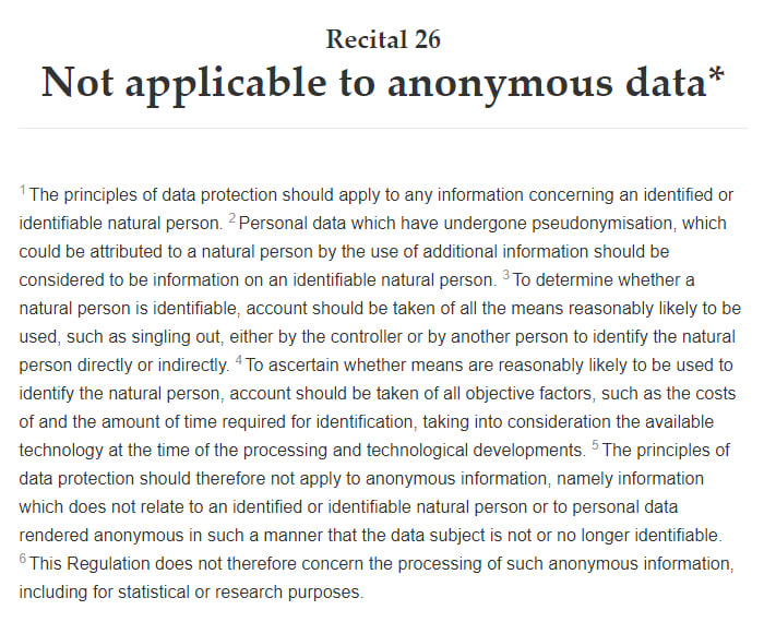 GDPR Info: Recital 26: Not applicable to anonymous data: Full text