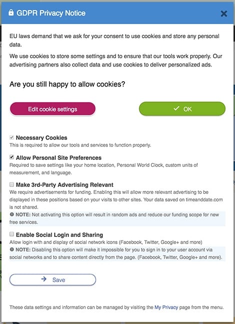 GDPR Privacy Notice pop-up with edit cookies settings menu open