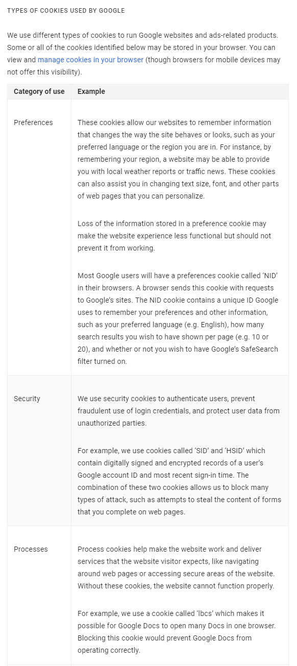 Google Privacy Policy: Cookies used chart excerpt