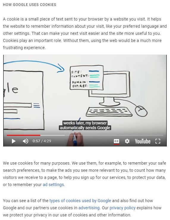 Google Privacy Policy: Types of cookies used - video and clause