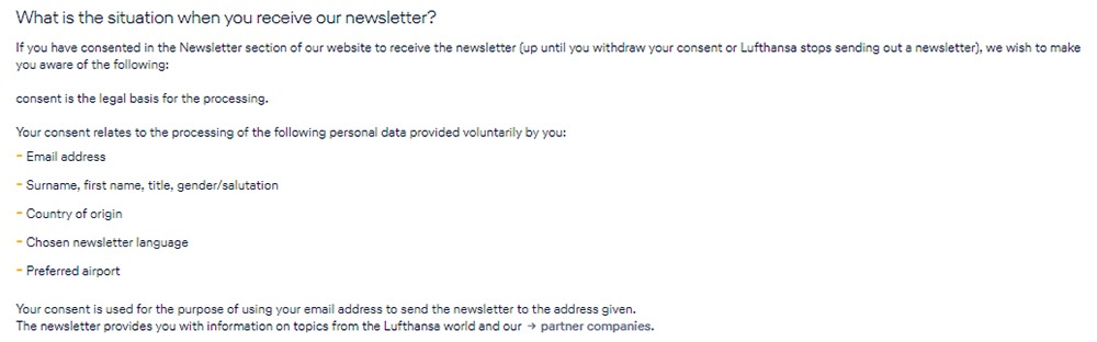 Lufthansa Privacy Policy: Newsletter consent clause