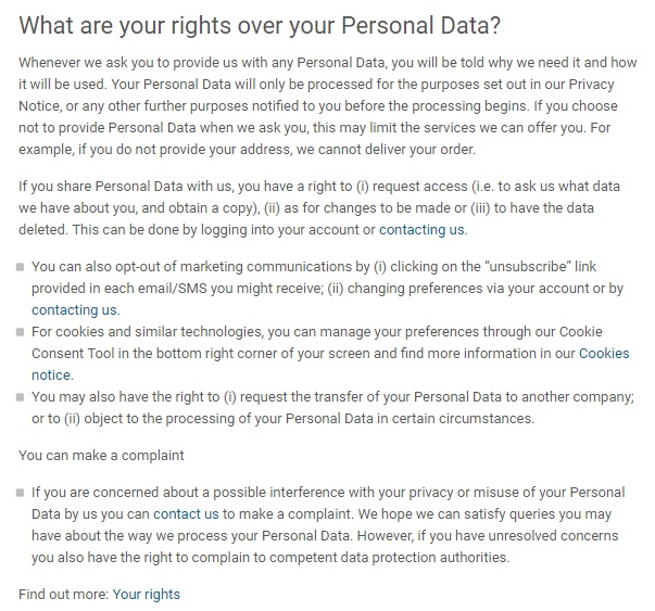 Nestle Privacy Policy: Your rights over your personal data clause