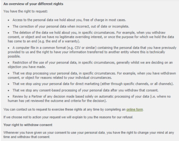 Waitrose Privacy Policy: Overview of user rights clause mentioning right to withdraw consent