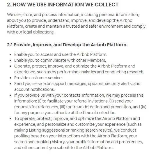 Airbnb UK Privacy Policy: How We Use Information We Collect clause