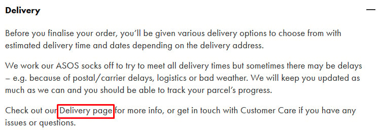 ASOS Terms and Conditions: Delivery clause with Delivery page highlighted