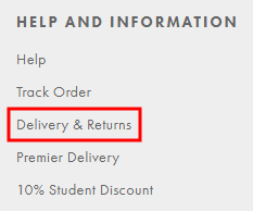ASOS website footer: Screenshot of Delivery and Returns link - highlighted