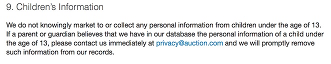 Auction.com Privacy Statement: Children&#039;s information clause