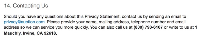 Auction.com Privacy Statement: Contacting Us clause
