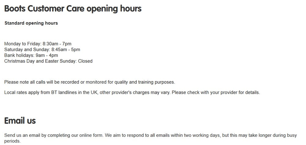 Boots: Contact hours and email information