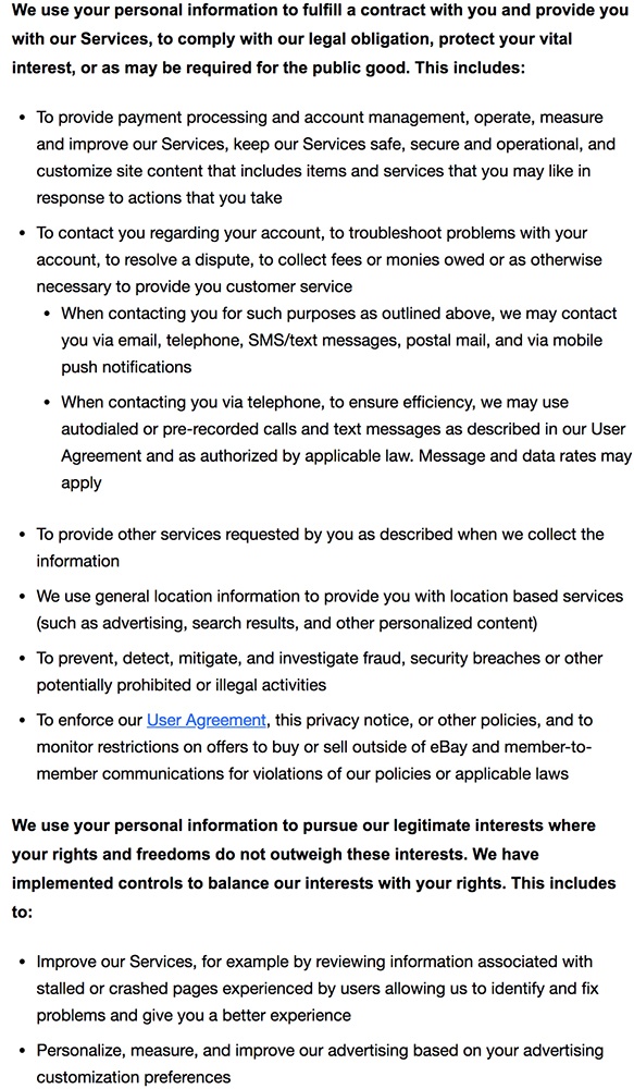 eBay Privacy Notice: How we use your personal information clause