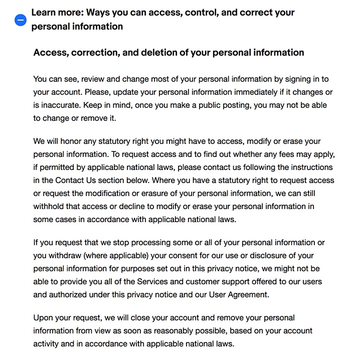 eBay Privacy Notice: Ways you can access, control and correct your personal information clause