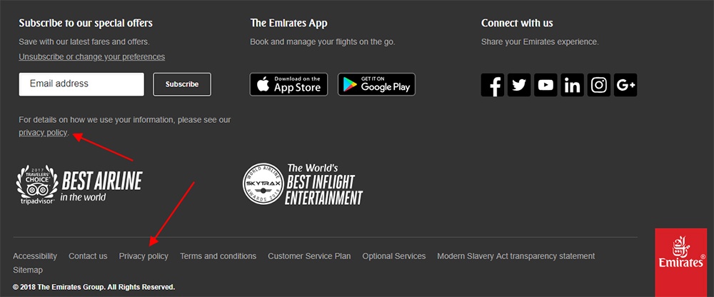 Emirates Airlines website footer screenshot with Privacy Policy links highlighted