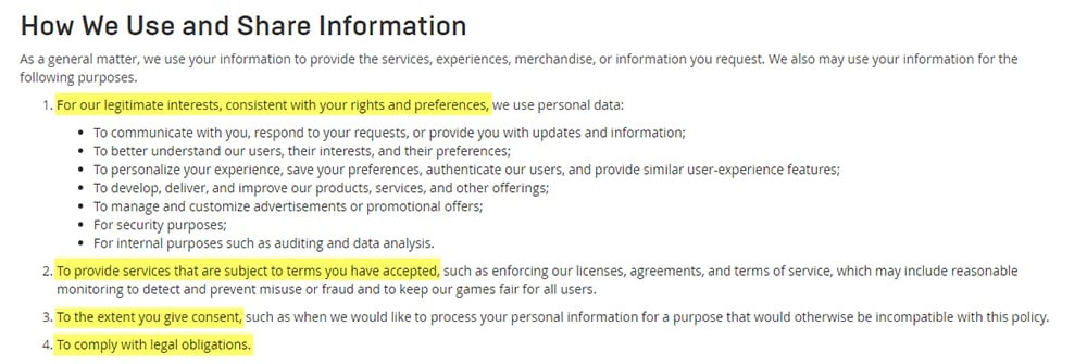 Epic Games Privacy Policy: How we use and share information clause