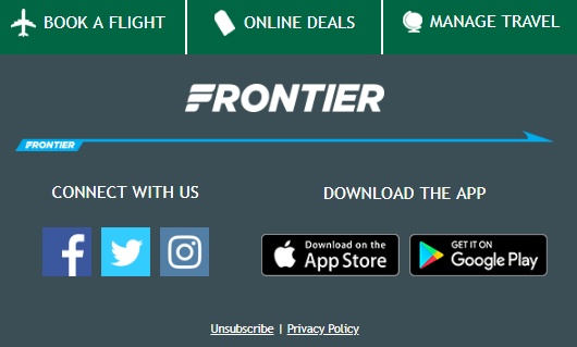 Screenshot of Frontier Airlines email showing unsubscribe link in footer