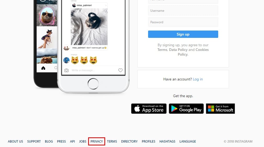 Instagram website screenshot showing footer and signup form