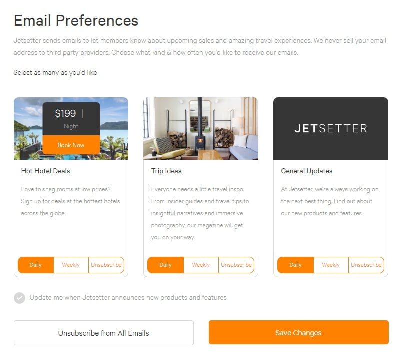 Jetsetter email preferences page with granular options for unsubscribing