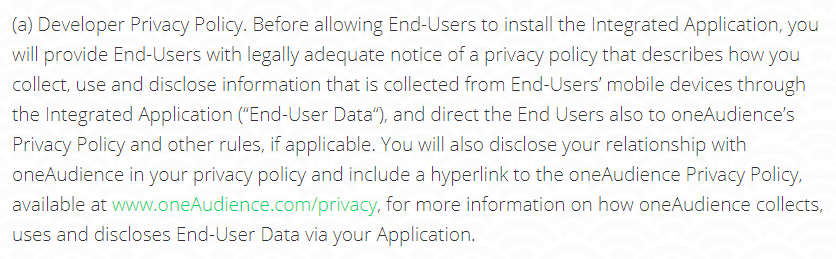 OneAudience Developer Agreement: Developer Privacy Policy clause