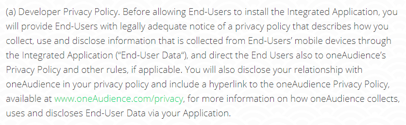 OneAudience Developer Agreement: Developer Privacy Policy clause