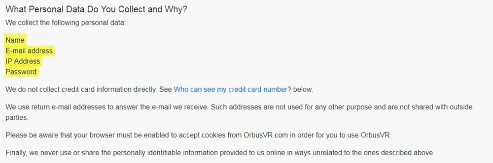 OrbusVR Terms agreement: What personal data do you collect and why clause