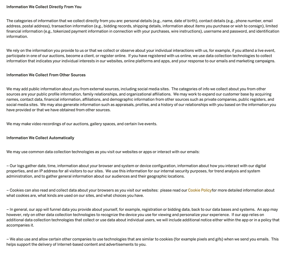 Sotheby&#039;s Privacy Policy: Information collected clauses